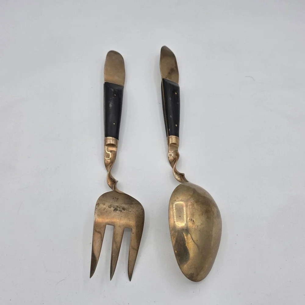 Vintage Thai Buddha Figurine Twisted Handle Serving Spoon Fork Set‎ Brass Black